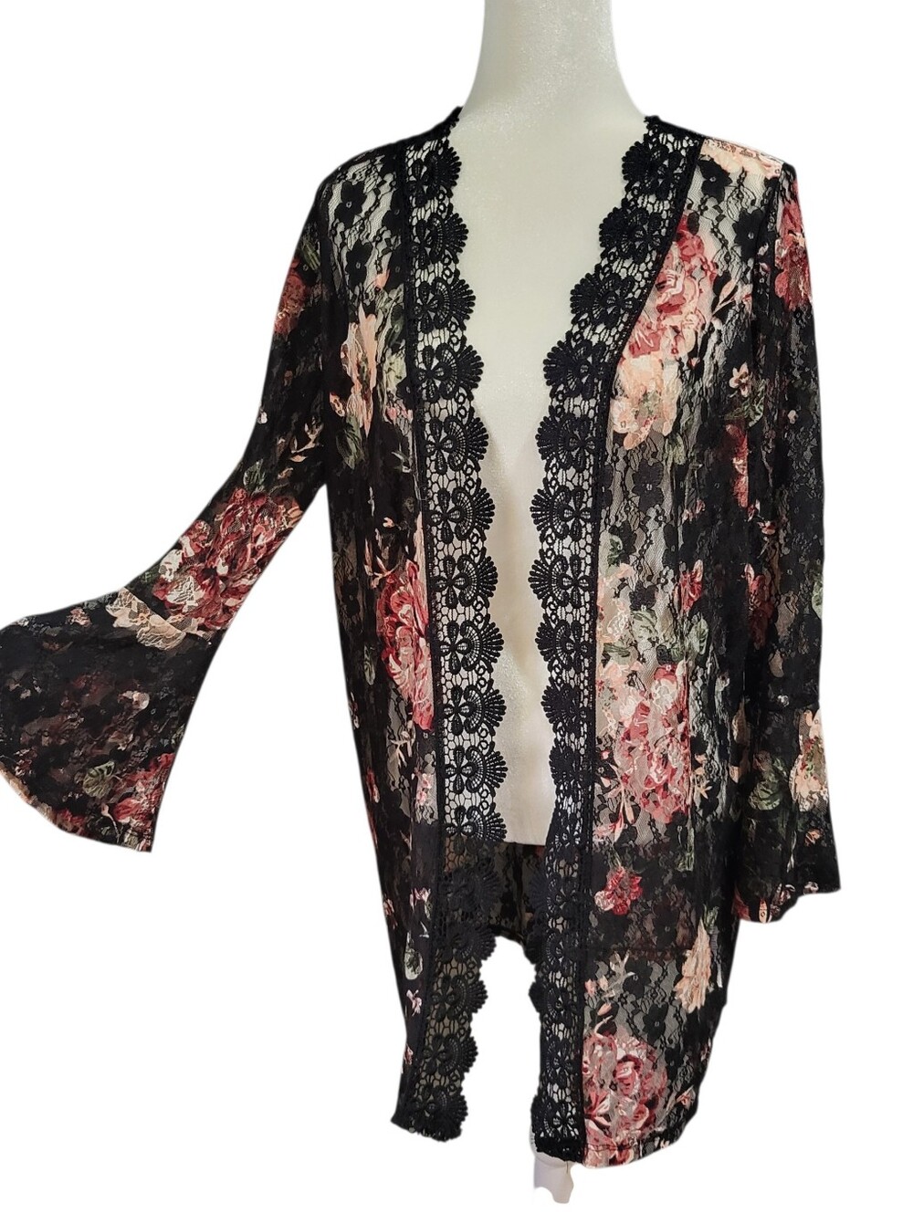 Sheer Floral Black Lace Duster Kimono Size L Witchy Whimsigoth Fairy Grunge